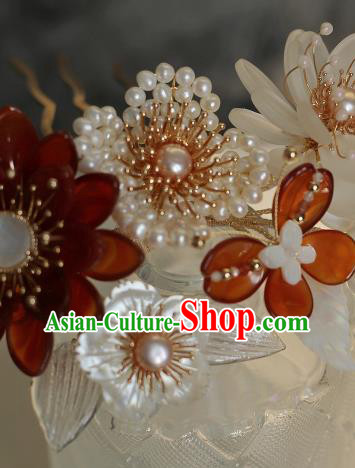 China Ancient Princess Agate Peony Hairpin Song Dynasty Pearls Hair Comb Traditional Hanfu Headwear