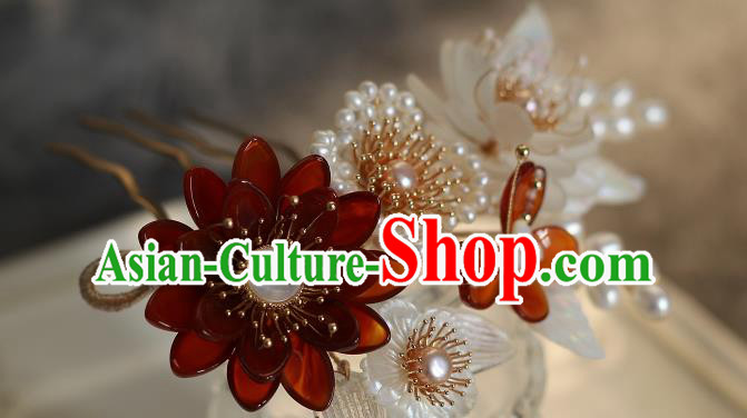 China Ancient Princess Agate Peony Hairpin Song Dynasty Pearls Hair Comb Traditional Hanfu Headwear