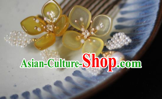 China Song Dynasty Young Lady Ceregat Flowers Hair Comb Traditional Hanfu Headdress Ancient Princess Pearls Hairpin