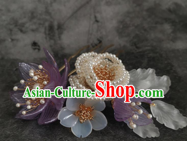 China Ancient Imperial Consort Pearls Hairpin Ming Dynasty Purple Flower Hair Comb Traditional Hanfu Hair Accessories