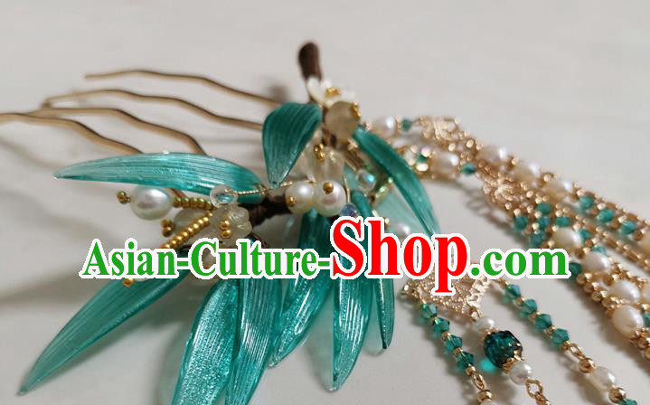 China Handmade Bamboo Leaf Hair Comb Traditional Ming Dynasty Hanfu Hair Accessories Ancient Court Lady Pearls Tassel Hairpin