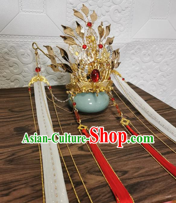 Chinese Traditional Cosplay Swordsman Hair Accessories Ancient Crown Prince Golden Hair Crown