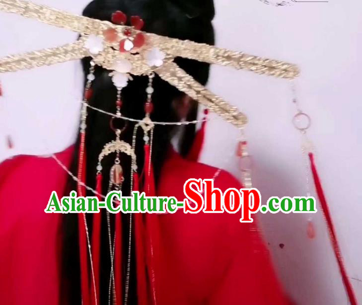 China Handmade Golden Crown Traditional Hanfu Wedding Hair Accessories Ancient Swordswoman Headdress