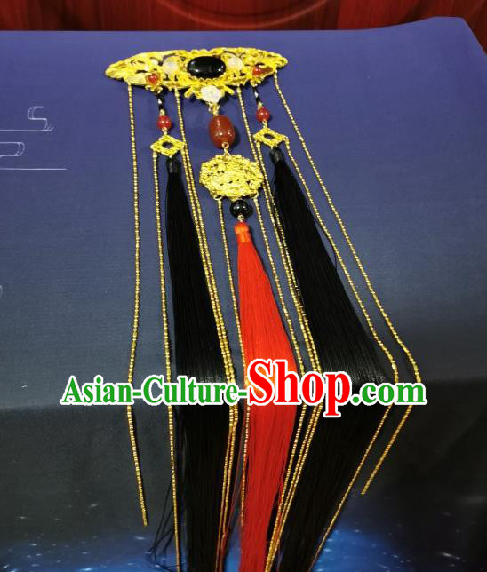 Chinese Traditional Qin Dynasty Prince Tassel Hairpin Cosplay Swordsman Hair Accessories Ancient King Golden Hair Comb