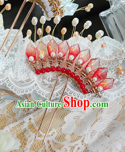 China Traditional Ming Dynasty Hair Stick Handmade Ancient Princess Red Flower Petals Hairpin