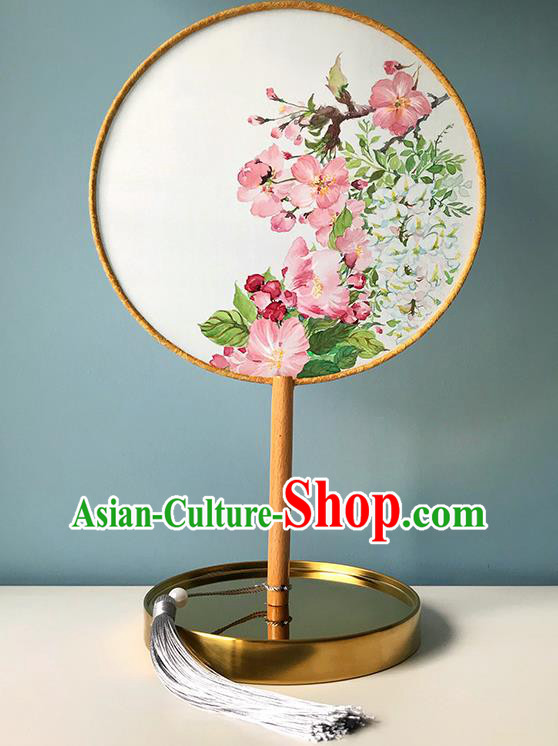 Chinese Classical Dance Palace Fan Handmade Painting Flowers Fans Bride Circular Fan Traditional Wedding Fan
