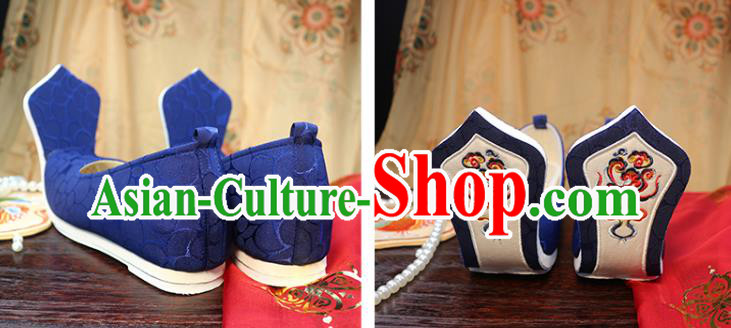 Chinese Ancient Princess Shoes Tang Dynasty Embroidered Shoes Royalblue Cloth Shoes Traditional Hanfu Shoes