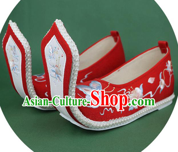 Chinese Ancient Princess Wedding Shoes Embroidered Butterfly Red Cloth Shoes Traditional Zhou Dynasty Hanfu Shoes