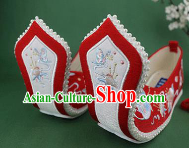 Chinese Ancient Princess Wedding Shoes Embroidered Butterfly Red Cloth Shoes Traditional Zhou Dynasty Hanfu Shoes