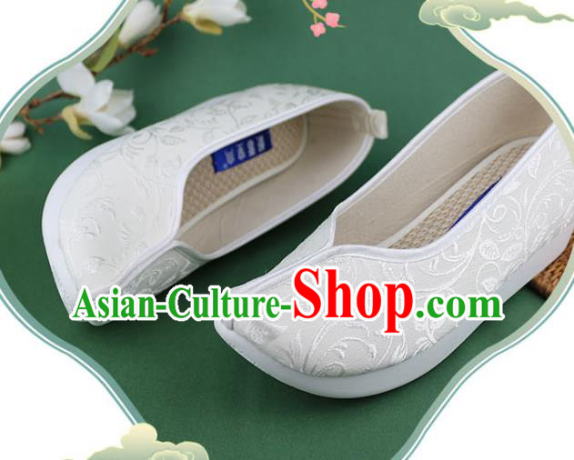 Chinese Ancient Princess Shoes White Brocade Shoes Traditional Ming Dynasty Hanfu Shoes