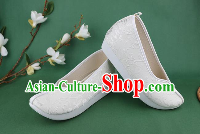 Chinese Ancient Princess Shoes White Brocade Shoes Traditional Ming Dynasty Hanfu Shoes
