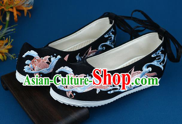 Chinese Ancient Princess Hanfu Shoes Traditional Ming Dynasty Embroidered Shoes Handmade Black Cloth Shoes