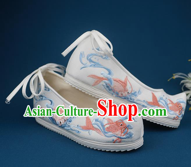 Chinese Handmade White Cloth Shoes Ancient Princess Hanfu Shoes Traditional Ming Dynasty Embroidered Carps Shoes