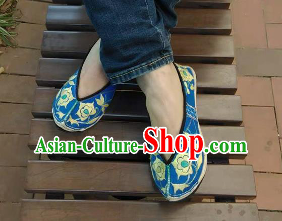 Chinese National Blue Cloth Shoes Traditional Dance Shoes Yunnan Ethnic Embroidered Shoes