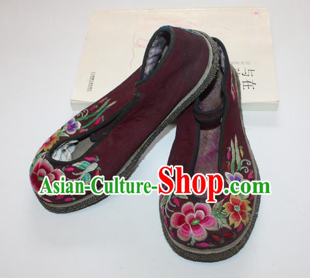 Chinese Handmade National Woman Shoes Folk Dance Dark Red Cloth Shoes Traditional Embroidered Shoes