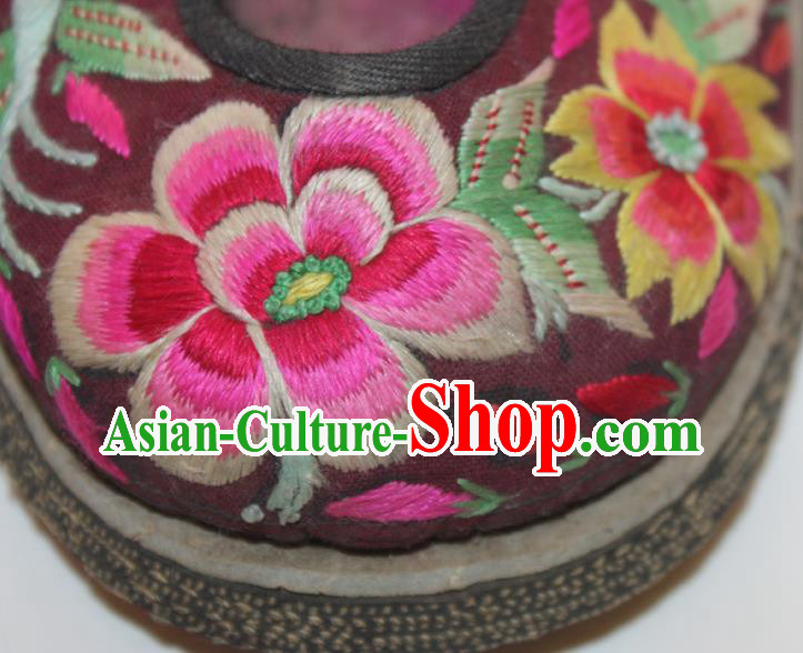 Chinese Handmade National Woman Shoes Folk Dance Dark Red Cloth Shoes Traditional Embroidered Shoes