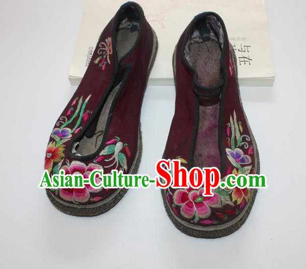 Chinese Handmade National Woman Shoes Folk Dance Dark Red Cloth Shoes Traditional Embroidered Shoes