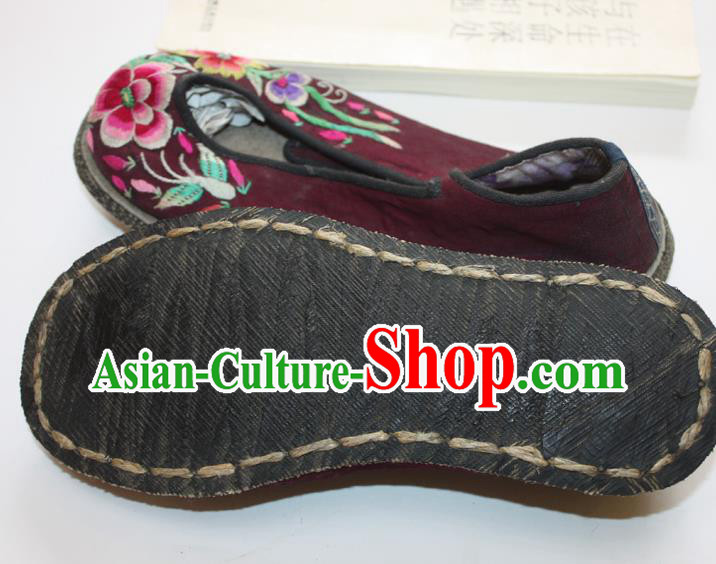 Chinese Handmade National Woman Shoes Folk Dance Dark Red Cloth Shoes Traditional Embroidered Shoes