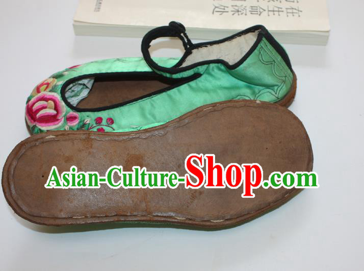 Chinese Traditional Embroidered Shoes Handmade National Woman Shoes Folk Dance Green Satin Shoes