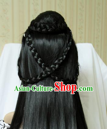 China Traditional Song Dynasty Young Woman Wigs Ancient Cosplay Swordswoman Hair Chignon Headdress