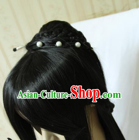China Traditional Song Dynasty Young Woman Wigs Ancient Cosplay Swordswoman Hair Chignon Headdress