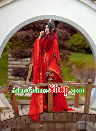 Chinese Cosplay Swordsman Red Hanfu Clothing Traditional Qin Dynasty King Apparels Ancient Crown Prince Garment Costumes