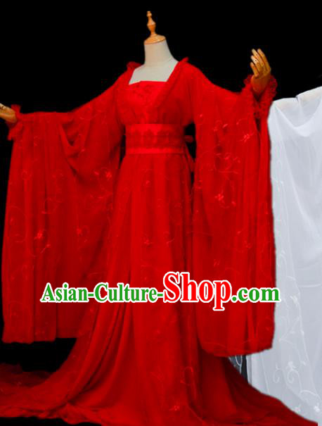 China Ancient Young Lady Garments Traditional Song Dynasty Princess Red Hanfu Dress Cosplay Swordswoman Xiao Longnv Clothing