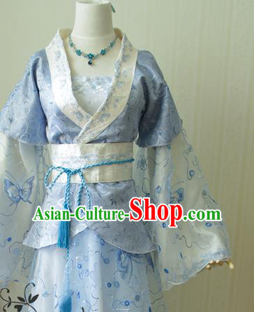 China Traditional Jin Dynasty Princess Blue Hanfu Dress Cosplay Fairy Jun Fu Clothing Ancient Court Lady Garments