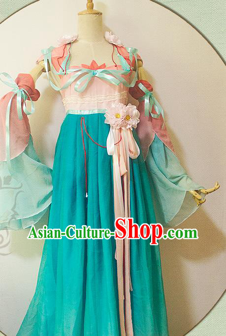 China Traditional Young Lady Blue Hanfu Dress Cosplay Swordswoman Clothing Ancient Fairy Garments