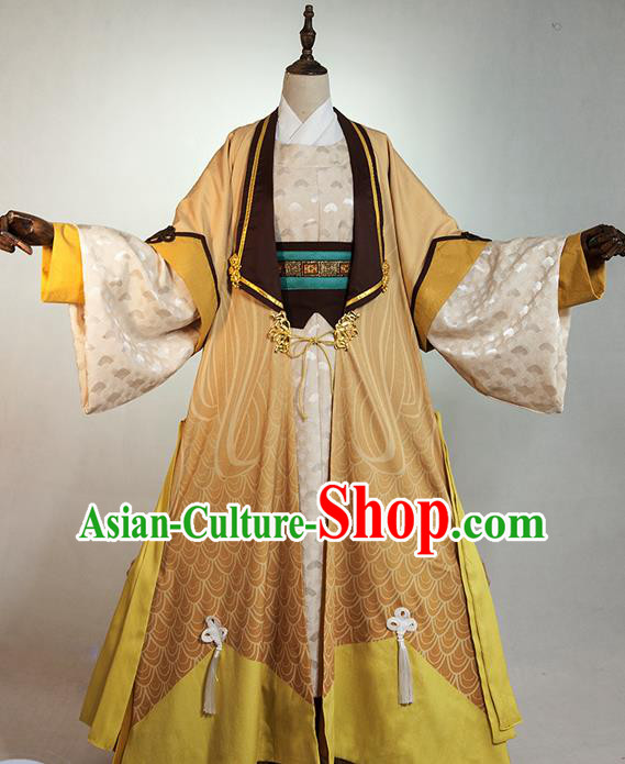 Chinese Ancient Scholar Yellow Garment Costumes Cosplay Poet Wang Wei Clothing Traditional Tang Dynasty Prince Apparels