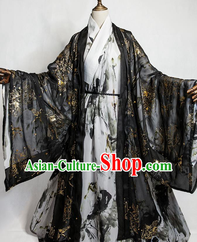 Chinese Traditional Jin Dynasty Knight Apparels Ancient Taoist Priest Garment Costumes Cosplay Swordsman Chang Geng Black Clothing
