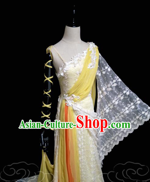 China Traditional Dance Performance Yellow Hanfu Dress Cosplay Drama Seven Fairy Huang Er Clothing Ancient Goddess Princess Garments