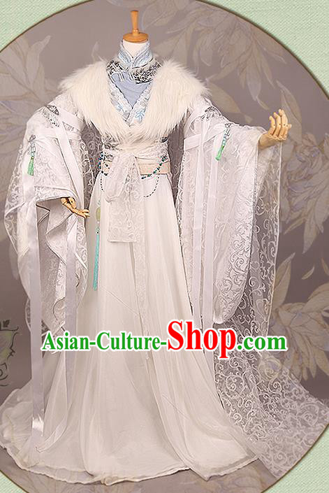 China Ancient Noble Childe Apparels Jin Dynasty Prince Garment Costumes Traditional Cosplay Swordsman White Hanfu Clothing