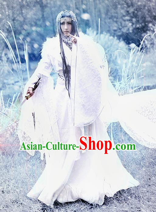 China Ancient Noble Childe Apparels Jin Dynasty Prince Garment Costumes Traditional Cosplay Swordsman White Hanfu Clothing