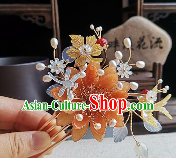 China Ming Dynasty Palace Lady Hair Comb Traditional Hanfu Hair Accessories Handmade Ancient Court Woman Agate Lotus Hairpin
