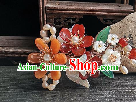 China Ming Dynasty Agate Flowers Hair Comb Traditional Hanfu Hair Accessories Handmade Ancient Imperial Concubine Shell Butterfly Hairpin