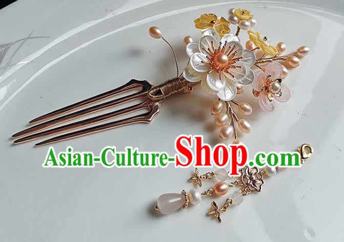 China Ming Dynasty Shell Peony Tassel Hair Comb Traditional Hanfu Hair Accessories Handmade Ancient Princess Pearls Hairpin