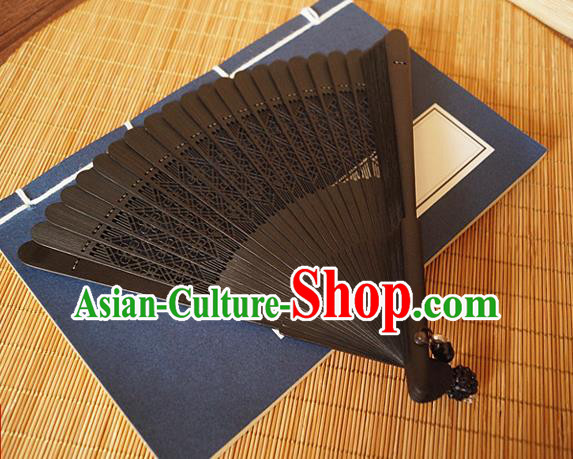 Handmade China Classical Black Accordion Traditional Folding Fans Carving Bamboo Fan