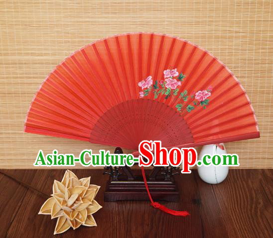 Handmade China Bamboo Fan Classical Suzhou Red Silk Accordion Printing Flowers Fan Traditional Folding Fans