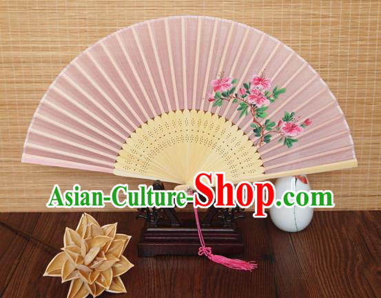 Handmade China Traditional Folding Fans Bamboo Fan Classical Suzhou Pink Silk Accordion Printing Peach Flowers Fan