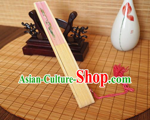 Handmade China Printing Peony Fan Traditional Folding Fans Bamboo Fan Classical Suzhou Pink Silk Accordion
