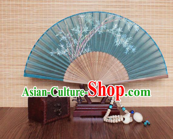 Handmade China Printing Fan Traditional Folding Fans Bamboo Fan Classical Green Silk Accordion
