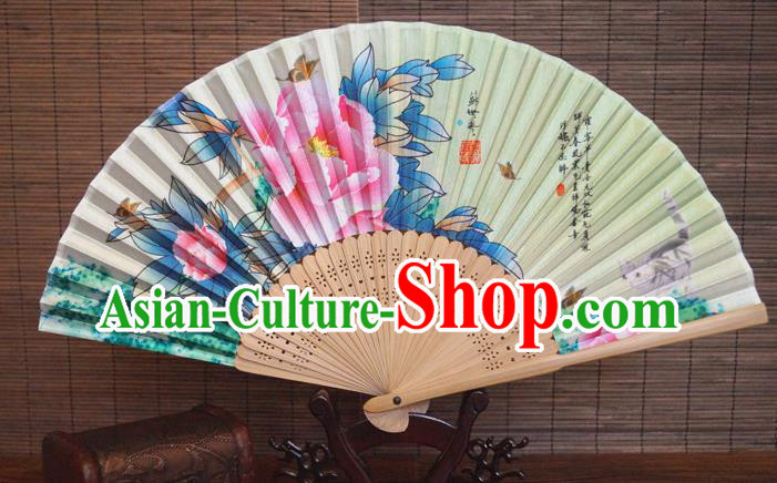 China Traditional Dance Folding Fans Bamboo Fan Classical Beige Silk Accordion Handmade Printing Peony Fan