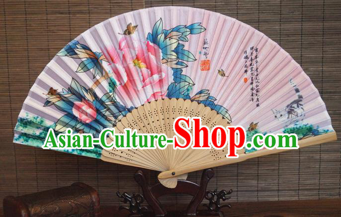 China Handmade Printing Peony Fan Traditional Dance Folding Fans Bamboo Fan Classical Pink Silk Accordion
