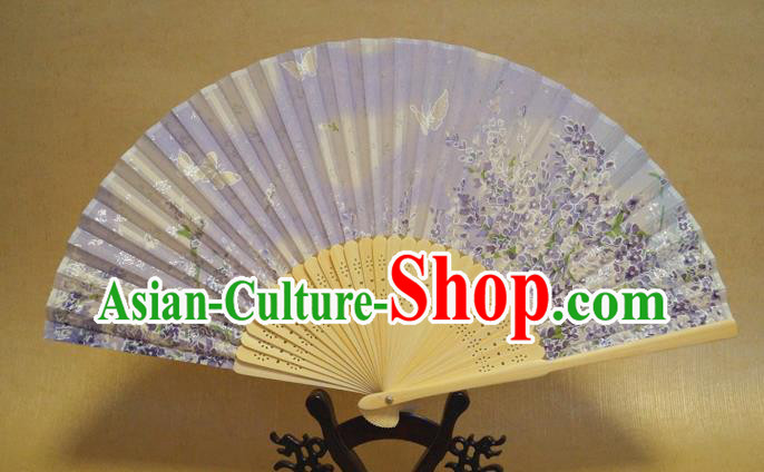 China Classical Lilac Silk Accordion Handmade Printing Sakura Butterfly Fans Traditional Dance Folding Fan Bamboo Fan