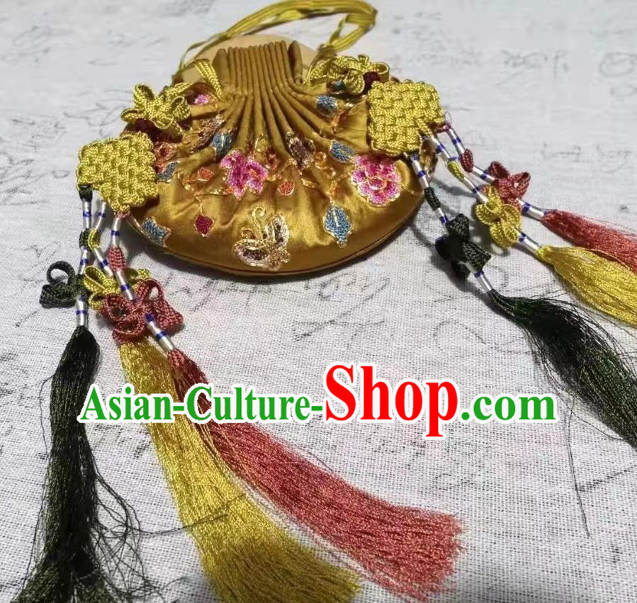 Chinese Ming Dynasty Waist Accessories Ancient Princess Embroidered Sachet Traditional Hanfu Golden Silk Perfume Satchel Belt Pendant
