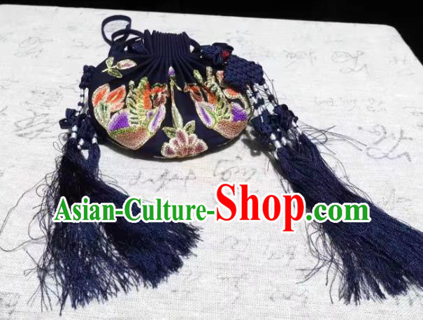 Chinese Ancient Princess Embroidered Sachet Traditional Hanfu Navy Silk Perfume Satchel Belt Pendant Ming Dynasty Waist Accessories