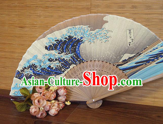 China Carving Bamboo Fan Classical Silk Accordion Handmade Printing Wave Fan Traditional Folding Fans