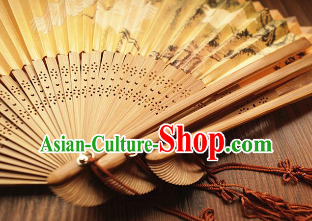 China Bamboo Fan Classical Silk Accordion Handmade Printing Cranes Fan Traditional Dance Folding Fans