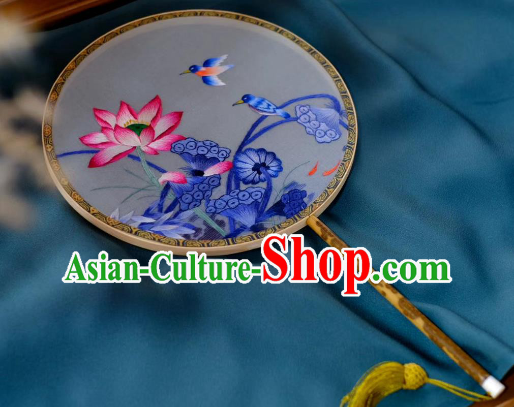 China Traditional Song Dynasty Silk Fans Handmade Hanfu Circular Fan Classical Palace Fan Suzhou Embroidered Lotus Double Side Fan